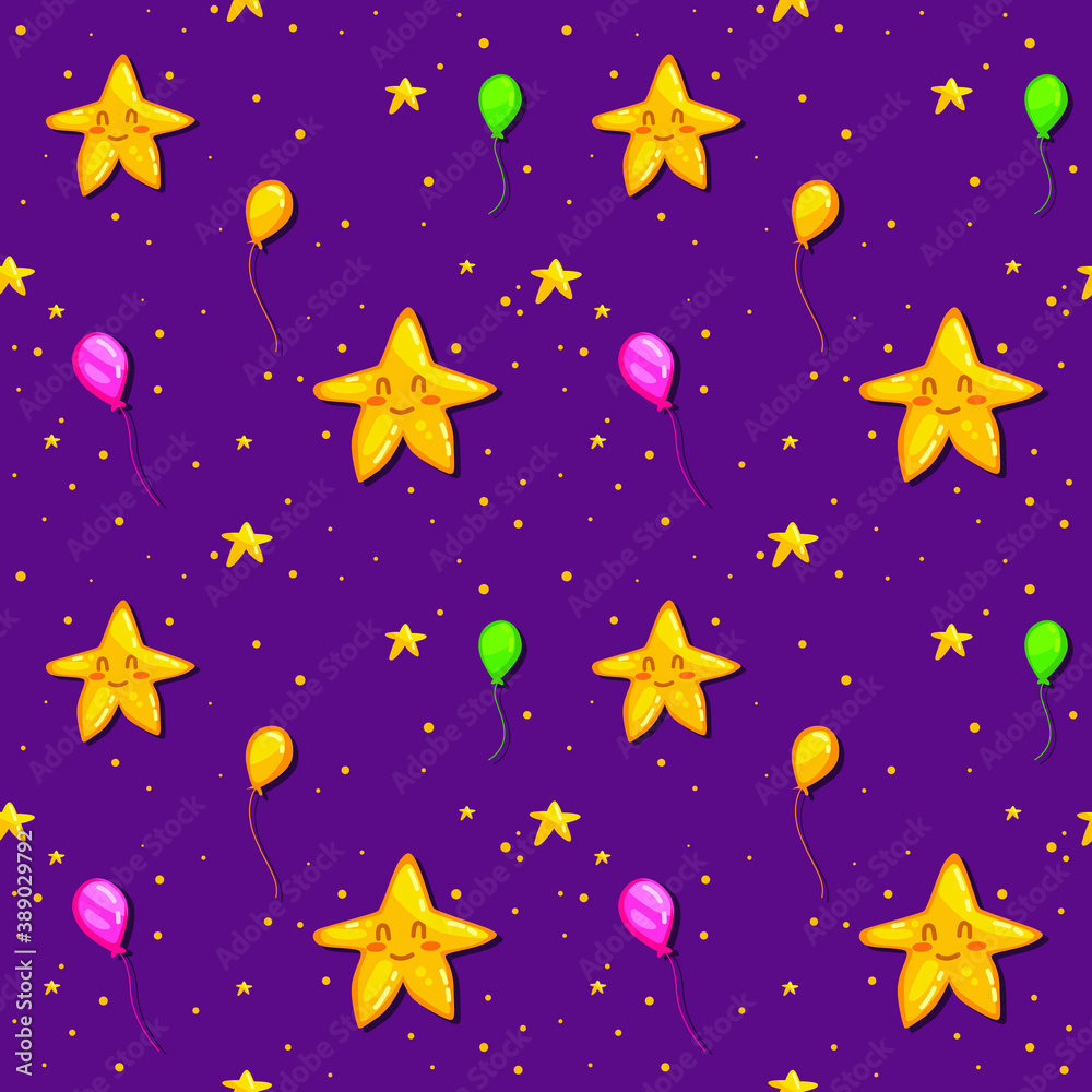 Child pattern stars and balloons. Seamless cartoon background.