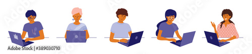 People working remotely using laptop. Man and woman work at home. Сoworking or networking. Online education by computer, e-learning. Students, office workers or freelancers. Vector illustrations set