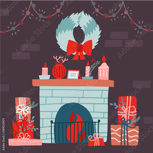 Vector illustration of a Christmas, New Year decorated room with brick wall, fireplace, floral wreath, gift boxes. Festive Christmas interior. Flat vector illustration.