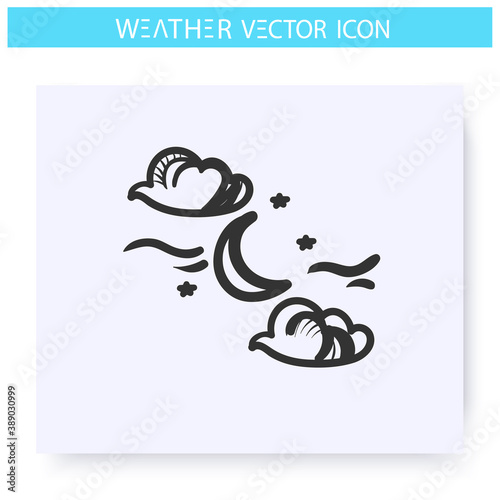 Night cloudy icon.Hand drawn sketch. Partly cloudy. Stars and moon behind clouds. Moonlight. Night weather forecast concept. Meteorology sign. Isolated vector illustration 