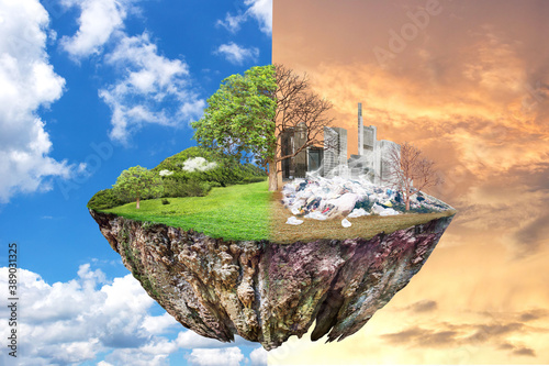 Global Warming and human waste ,Pollution Concept - Sustainability.  showing the effect of arid land with tree changing environment, Concept of climate change. Sky background, different weather