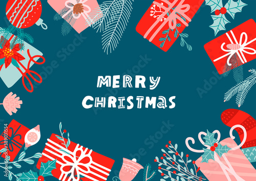 Hand drawn Merry Christmas Flat lay. New year vector flat illustration in modern style with festive scandinavian lettering.