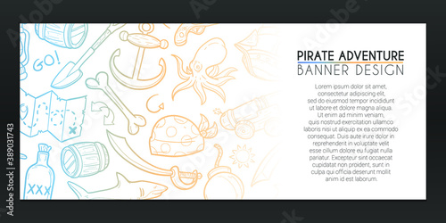 Pirate Banner Doodles. Corsair Background Hand drawn. Adventure illustration. Vector Horizontal Design.