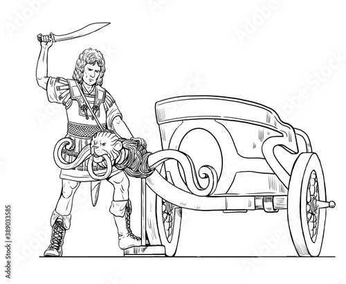 Alexander the Great cutting the Gordian Knot. Historical drawing.	