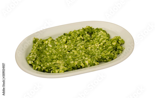 Top view Traditional Turkish appetizer meze - Cibez. Isolated white background