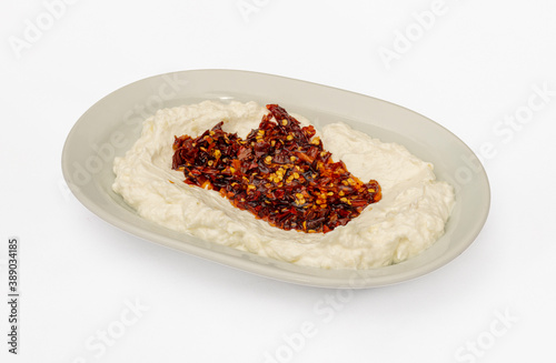 Top view Traditional Turkish appetizer meze -Terleten. Isolated white background
