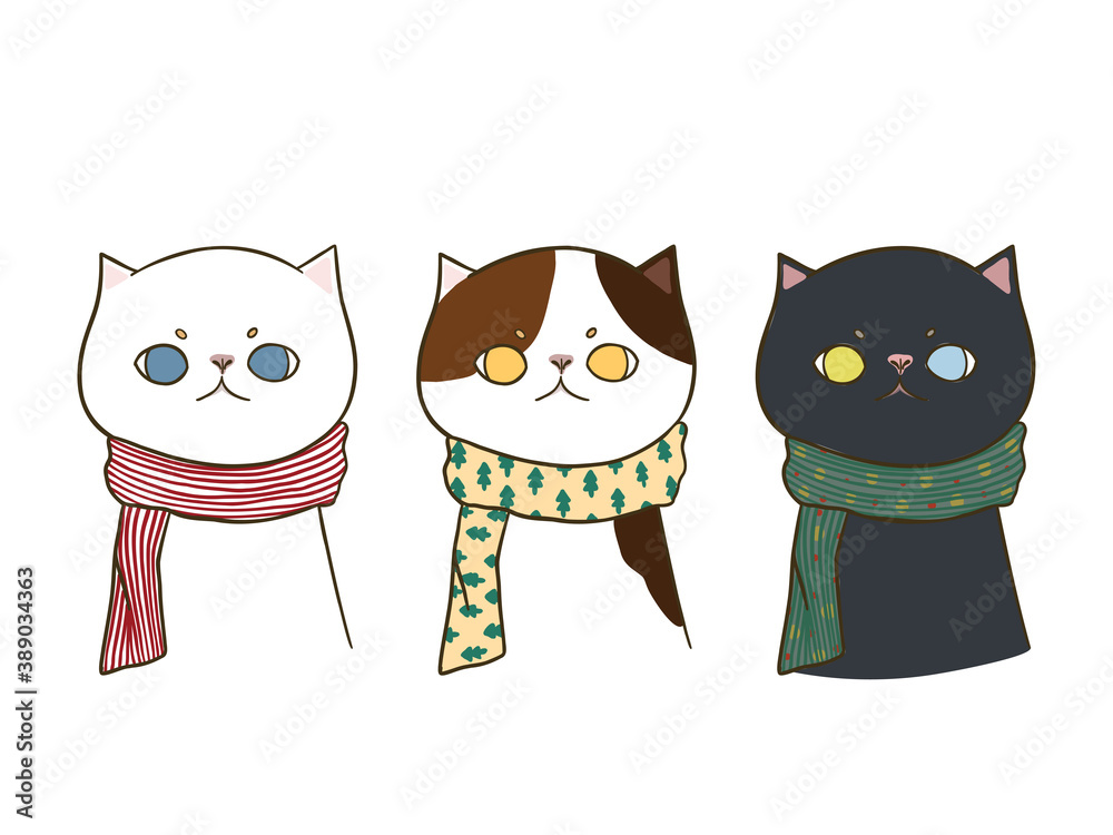 Set of three hand drawn cute cats wearing a scarf, Isolated on white background. Character design. Vector illustration, Cartoon doodle style.