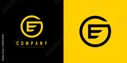 Abstract Initial Letter E and G Linked Logo. Yellow and Black Circle Shape Mono Line isolated on Double Background. Usable for Business and Branding Logos. Flat Vector Logo Design Template Element.
