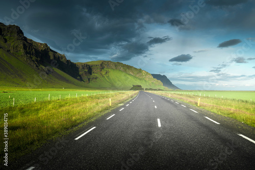 Icelandic landscape with asphalt road