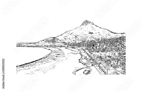 Building view with landmark of Cape Town is the second most populous city in South Africa. Hand drawn sketch illustration in vector.