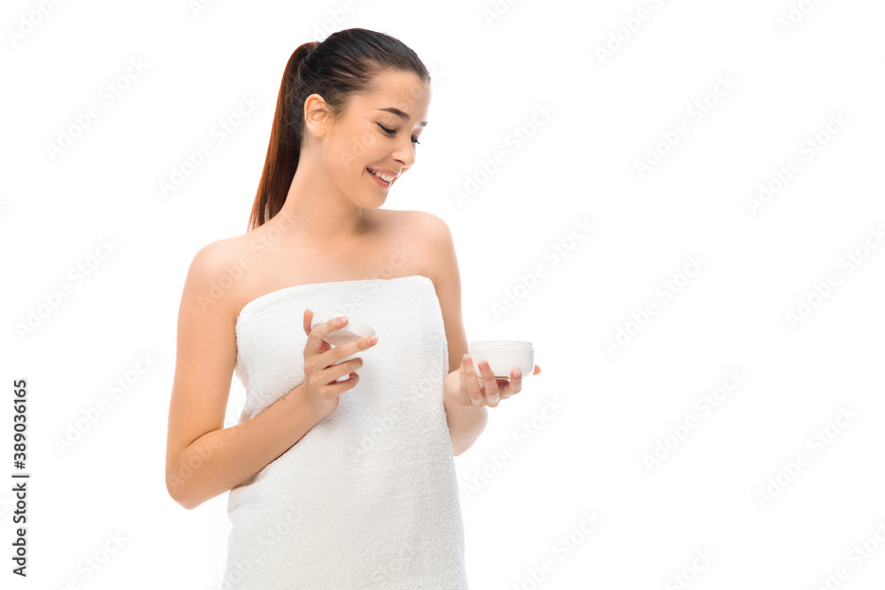 Beautiful woman with mouisturizer isolated on white background. Beauty, cosmetics, spa, depilation, treatment and health concept. Fit and sportive, sensual body with well-kept skin in towel. Copyspace Beautiful woman with mouisturizer isolated on white background. Beauty, cosmetics, spa, depilation, treatment and health concept. Fit and sportive, sensual body with well-kept skin in towel. Copyspace