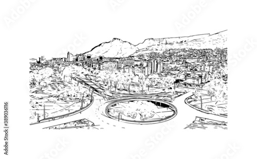 Building view with landmark of Cape Town is the second most populous city in South Africa. Hand drawn sketch illustration in vector.