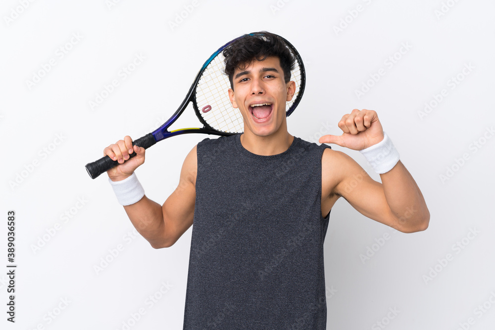 Young Argentinian man over isolated white background playing tennis and proud of himself Young Argentinian man over isolated white background playing tennis and proud of himself