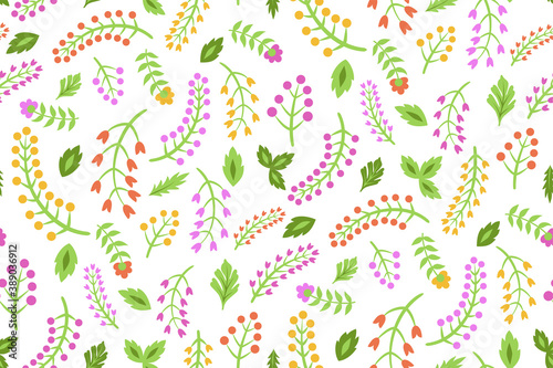 Seamless vector floral pattern. Flowers background for design, fabric, textile, cover, wrapping etc. Beautiful botanic flowers field bouquet.