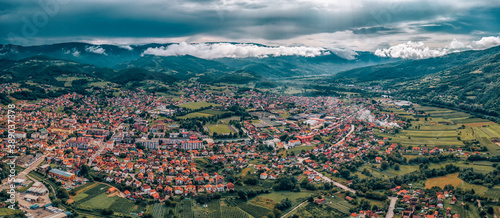 Drone panorama of Bajina Basta, a town in Serbia photo