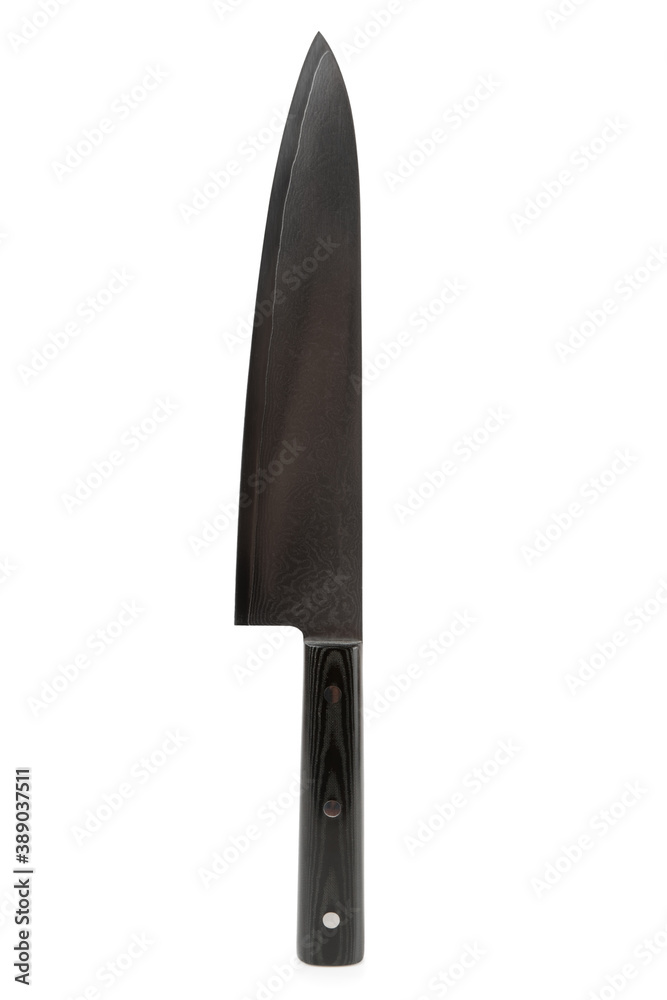Chef knife made of dark damascus steel isolated on white Chef knife made of dark damascus steel isolated on white