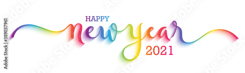 HAPPY NEW YEAR 2021 colorful rainbow gradient vector brush calligraphy banner with swashes isolated on white