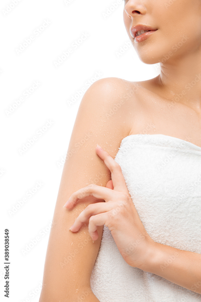 Light touch. Beautiful female shoulder isolated on white background. Beauty, cosmetics, spa, depilation, treatment and health concept. Fit and sportive, sensual body with well-kept skin in towel. Light touch. Beautiful female shoulder isolated on white background. Beauty, cosmetics, spa, depilation, treatment and health concept. Fit and sportive, sensual body with well-kept skin in towel.
