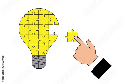 A hand putting together a light bulb puzzle. Idea concept. Vector illustration.