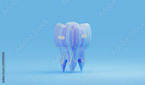 colored decorative molar tooth on blue background. Abstract creative dental care concept. 3d render