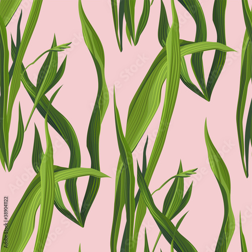 Fototapeta Naklejka Na Ścianę i Meble -  Seamless vector leaves pattern. Plant green background for design, fabric, textile, cover, wrapping etc. Beautiful botanic flowers field bouquet.