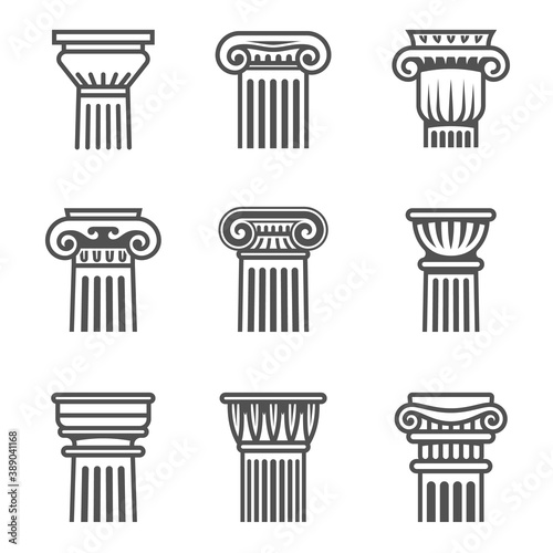 Set of ancient columns icon in black and white colors. photo