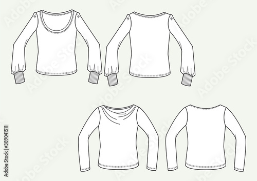 T-shirt donna manica lunga scollo tondo disegno piatto sketch fashion illustration fronte e retro mock up vettoriale