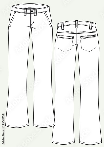 Pantalone donna a zampa disegno piatto sketch fashion illustration fronte e retro mock up vettoriale