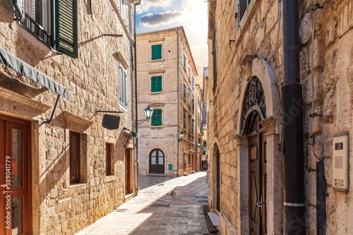 Traditional narrow street in Europe, Old Town of Kotor, Montenegro