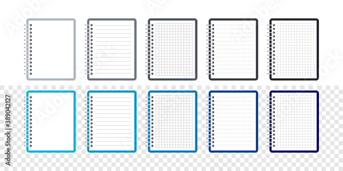 Notepads mockup. Notebook trendy style. Memo notepad or diary with lined and squared paper page templates. Vector illustration