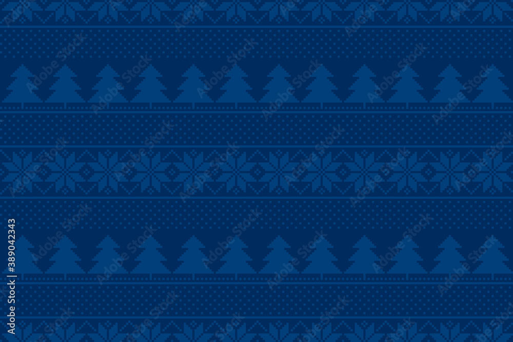 Winter Holiday Pixel Pattern with Christmas Trees and Snowflakes Ornament. Vector Seamless Holiday Design Background in Shades of Blue Color. Winter Holiday Pixel Pattern with Christmas Trees and Snowflakes Ornament. Vector Seamless Holiday Design Background in Shades of Blue Color.