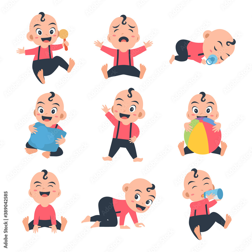 Set with cute little baby in different situations. Playing, sleeping, sitting, lying, crawling baby. Happy smiling newborn boy vector illustration.