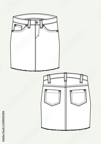 Gonna jeans donna set disegno piatto sketch fashion illustration fronte e retro mock up vettoriale