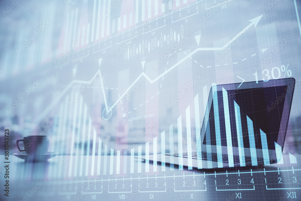 Stock market graph on background with desk and personal computer. Double exposure. Concept of financial analysis. Stock market graph on background with desk and personal computer. Double exposure. Concept of financial analysis.