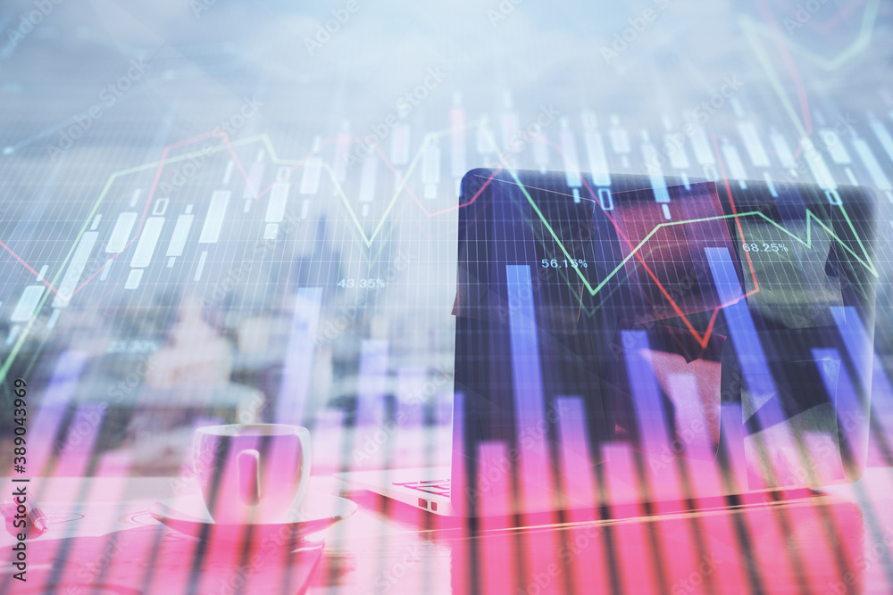 Stock market graph and table with computer background. Double exposure. Concept of financial analysis. Stock market graph and table with computer background. Double exposure. Concept of financial analysis.