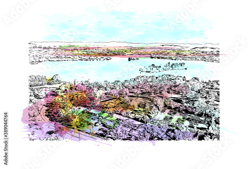 Building view with landmark of Canberra is the capital city of Australia. Watercolor splash with hand drawn sketch illustration vector.