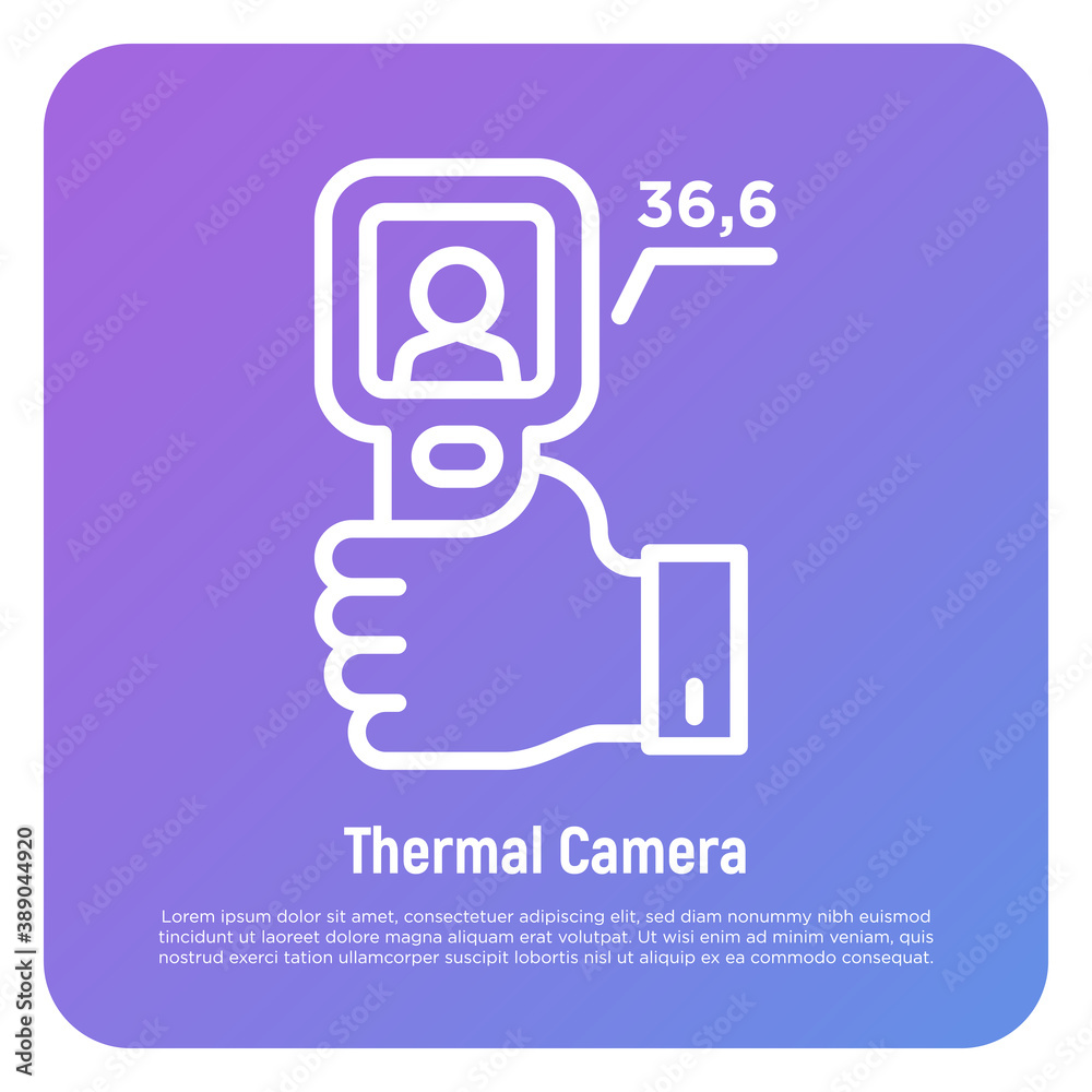 Thermal camera in hand thin line icon. Scanning of temperature, detection of fever or covid-19. Vector illustration. Thermal camera in hand thin line icon. Scanning of temperature, detection of fever or covid-19. Vector illustration.
