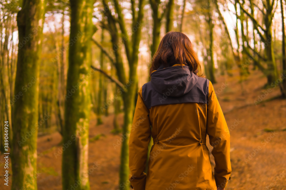 Lifestyle, a young woman in a yellow jacket walking backwards along a forest path in autumn. Artikutza Forest in San Sebastián, Gipuzkoa, Basque Country. Spain