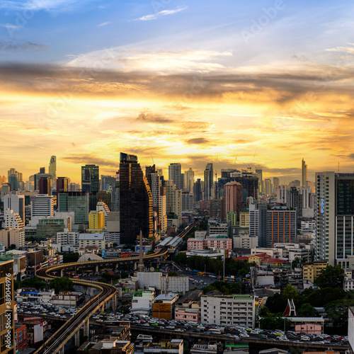 Bangkok, Thailand - September 25, 2020 : cityscape of Bangkok city skyline with sunset sky background, Bangkok city is modern metropolis of Thailand and favorite of tourists