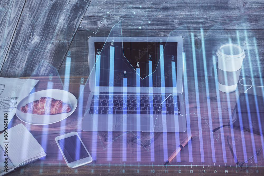 Multi exposure of forex chart and work space with computer. Concept of international online trading. Multi exposure of forex chart and work space with computer. Concept of international online trading.