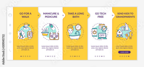 Me time ideas onboarding vector template. Go for outdoor walk. Manicure and pedicure salon. Responsive mobile website with icons. Webpage walkthrough step screens. RGB color concept