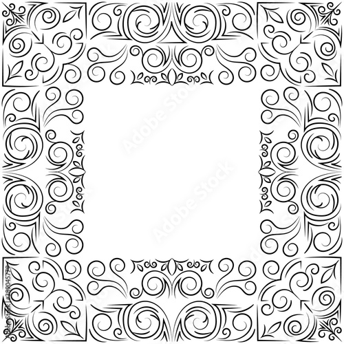 vector illustration vintage pattern of black lines, curls and leaves in the form of a frame on a white background