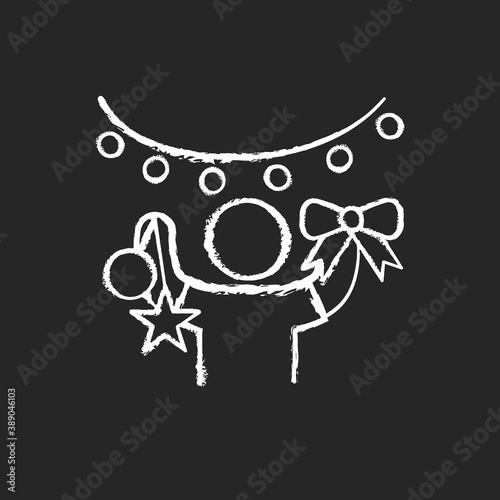 Holiday decorator chalk white icon on black background. Christmas decor. Light installers. Beautiful home for holidays. Seasonal event decorating services. Isolated vector chalkboard illustration