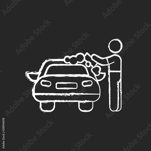 Car washer chalk white icon on black background. Washing and polishing car interiors and exterior. Applying soap solution. Scraping loose dirt. Cleaning tires. Isolated vector chalkboard illustration