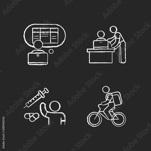 Part-time jobs chalk white icons set on black background. Data entry clerk. Personal assistant. Clinical trial volunteer. Food delivery person. Clerical tasks. Isolated vector chalkboard illustrations