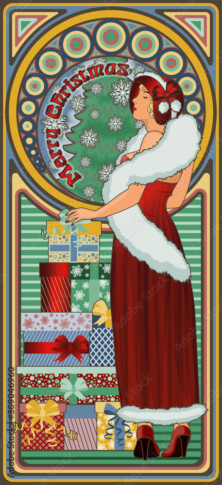 Obraz premium Art Nouveau xmas card with Santa claus girl, vector illustration