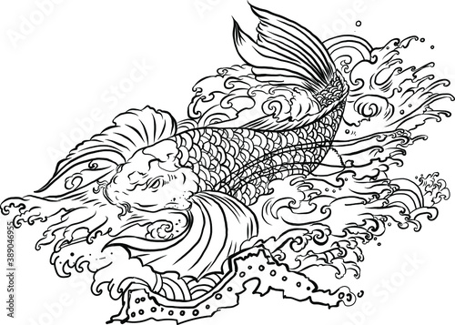 Japanese koi fish tattoo for chest and upper arm. Koi carp with water splash and peony flower tattoo.