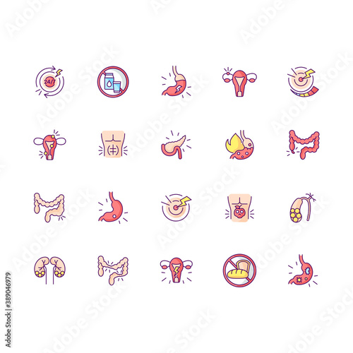 Stomach pain RGB color icons set. Digestive disorders. Indigestion. Chronic abdominal pain. Pancreatitis. Heartburn treatment. Appendicitis symptom. Constipation. Isolated vector illustrations