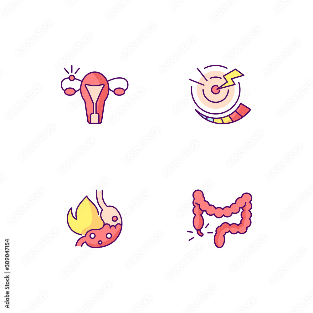 Abdominal inflammation RGB color icons set. Ectopic pregnancy. Acute pain. Heartburn. Constipation. Stomach infection. Fallopian tube. Acid reflux. Hemorrhoids. Illness. Isolated vector illustrations