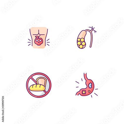 Discomfort in abdomen RGB color icons set. Food poisoning. Gallstones. Gluten intolerance. Stomach virus. Foodborne illness. Stomachache. Viral gastroenteritis. Isolated vector illustrations